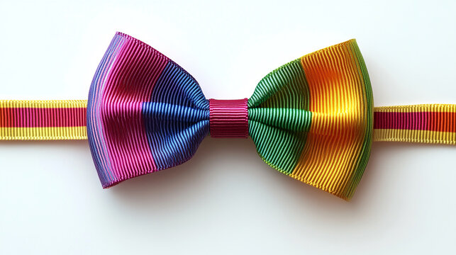 Vibrant rainbow striped bow tie with satin sheen, perfect for festive occasions and stylish accessories