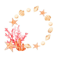 Watercolor Seashell and Coral Round Frame.