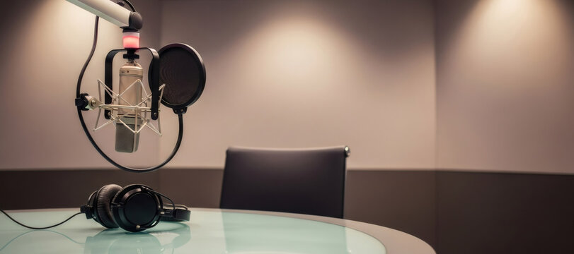 Professional microphone and headphones on a table in a silent audio studio. Empty recording booth for podcast, radio, or interview.