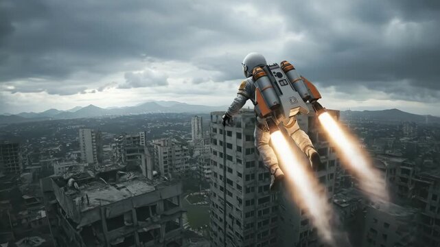 Astronaut with Jetpack Soaring Above Ruined Post-Apocalyptic Cityscape Under Dark Sky, Escape and Survival Concept
