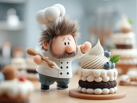 Focused baker adding final cream decorations to a festive birthday cake.