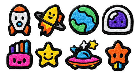 Fototapeta premium Colorful Cartoon Icons of Space Objects and Characters with Fun Designs and Shapes