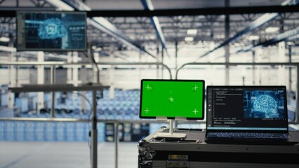 Green screen tablet in server room with equipment rigs supporting AI technology. Chroma key device in data center storing and processing vast datasets for artificial intelligence operations