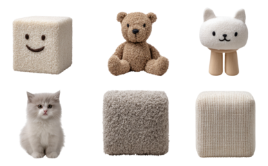 Cute and Soft Plush Toys Display with Happy Faces and Cozy Textures on Transparent Background