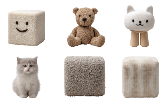 Cute and Soft Plush Toys Display with Happy Faces and Cozy Textures on Transparent Background