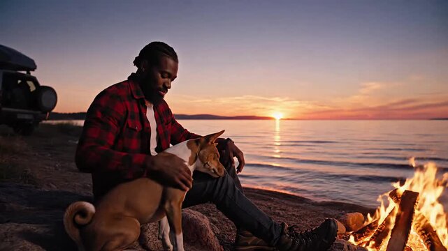 Black male camper by a beach campfire at sunset, petting his dog beside a parked off‑road vehicle by the water, enjoying travel, companionship and unplugged time, golden hour