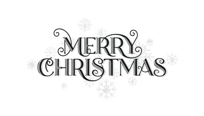 Elegant black and white lettering spells out "Merry Christmas" with decorative flourishes and snowflake accents on a white background.