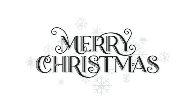 Elegant black and white lettering spells out "Merry Christmas" with decorative flourishes and snowflake accents on a white background.