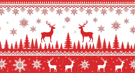 Festive red and white patterned design featuring reindeer, snowflakes, and trees, creating a holiday atmosphere.