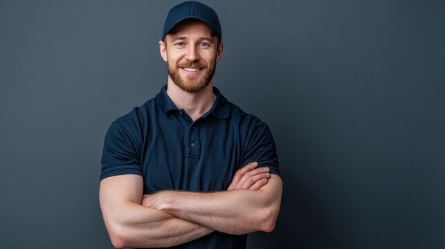 Smiling man with beard in navy polo and cap crosses arms. Ideal for service industry or delivery company promotion.