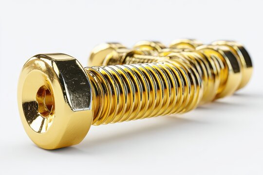 Golden screws with detailed threads sit against a clean white background. It represents valuable connections, strength, and innovative engineering.