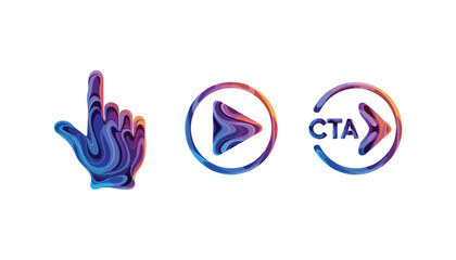 Fototapeta premium Three digital icons: a hand cursor, a play button, and a CTA (call to action) button, all with a swirling, colorful design.