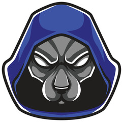 Shadow panther emblem – dark feline face with piercing eyes and blue hood in bold symmetrical design for gaming, stealth, and elite branding.