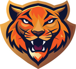 Fierce tiger emblem – symmetrical orange face with sharp teeth and intense eyes in shield design for sports, gaming, and primal branding.