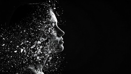 Emotional breakdown depicted by shattering silhouette, symbolizing mental struggle and fragmentation