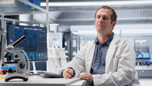 POV of lab scientist on video conference call explaining molecular analysis and biotechnology study results. Web connection supports telehealth, medical discovery and innovation.