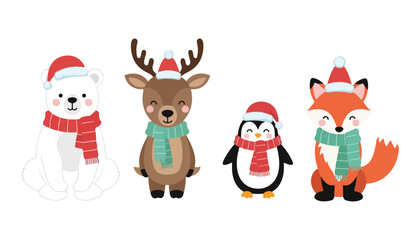Adorable cartoon illustrations of a polar bear, reindeer, penguin, and fox, all wearing festive winter accessories.