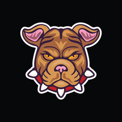 Tough bulldog mascot – brown face with yellow eyes, pink nose, and red spiked collar in bold cartoon design for sports, gaming, and strength branding.