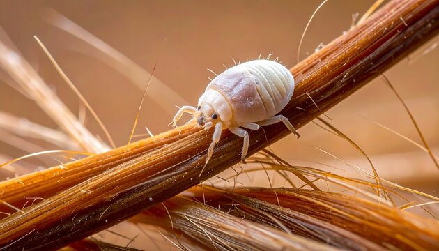 Microscopic view of head lice nit attached to hair strand on plain background