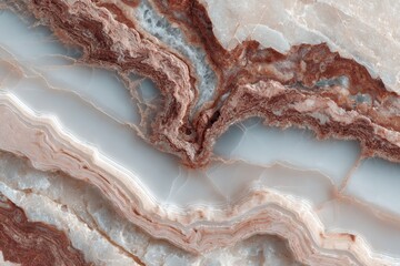 Fototapeta premium Onyx marble slab with swirls of white, pink, & rusty red hues. Use as a luxurious, natural texture for designs and presentations.