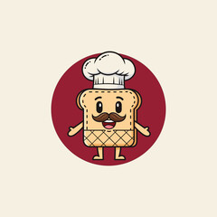 Friendly baker toast character with a chef's hat and mustache. A charming cartoon mascot logo for a bakery or restaurant business