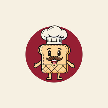 Friendly baker toast character with a chef's hat and mustache. A charming cartoon mascot logo for a bakery or restaurant business