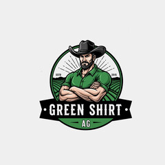 Dynamic emblem for agriculture and farming, featuring a powerful figure in a green shirt and western hat, symbolizing growth, hard work, and natural produce