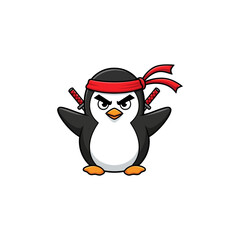 Ninja Penguin Cartoon Character Ready for Action with Swords and Headband - Vector Illustration