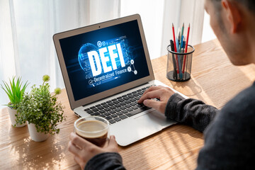 Fototapeta premium Decentralized finance or DeFi concept on modish computer screen . The defi system give new choice of investment and money saving .