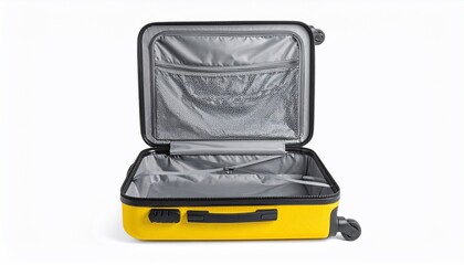 Open yellow travel suitcase, ready for packing, isolated on white background, studio shot