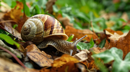 Snail on leaves in forest