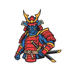 Samurai warrior in red-blue armor – fierce traditional fighter with golden crest and dual swords for gaming, sports, and historical branding.