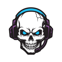 Gaming skull emblem – cracked white skull with glowing blue eyes and purple-blue headset for edgy esports, streaming, and gamer branding.