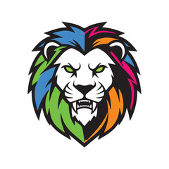 Multicolor lion head – bold white face, green eyes, and rainbow mane in fierce mascot design for sports, gaming, and creative branding.