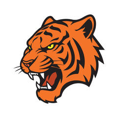 Roaring tiger head – bold orange fur, black stripes, and yellow eyes in aggressive mascot design for sports, gaming, and strength-themed branding.