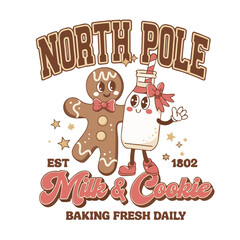 A retro-style graphic design featuring a
gingerbread man and milk character in a kawaii art style