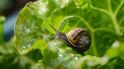 Snail on a leaf with water droplets