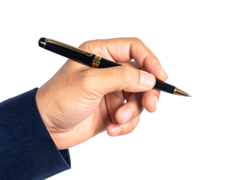 Close-up of a hand in a navy blue suit jacket, holding a black and gold fountain pen ready to write or sign, isolated on a light gray background.