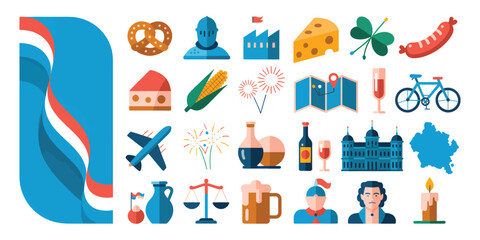 Luxembourg culture icons flat vector symbols of traditional food landmarks and cultural elements isolated on white background