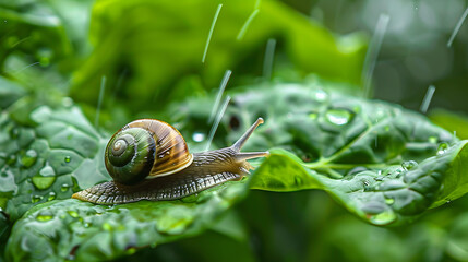 Snail on wet leaf in rain