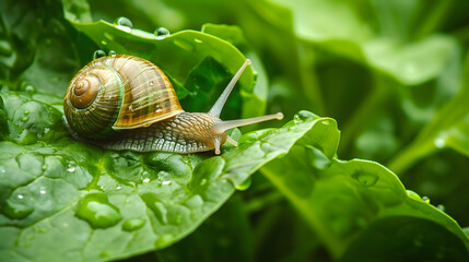Snail on green leaf with water droplets