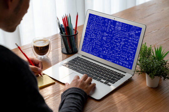 Mathematic equations and modish formula on computer screen showing concept of science and education - Powered by Adobe