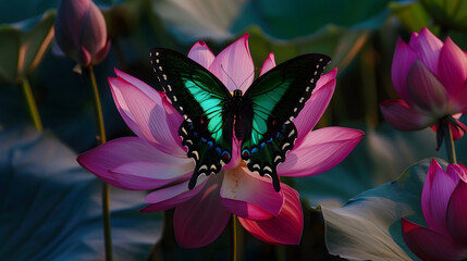 Butterfly on pink lotus flower