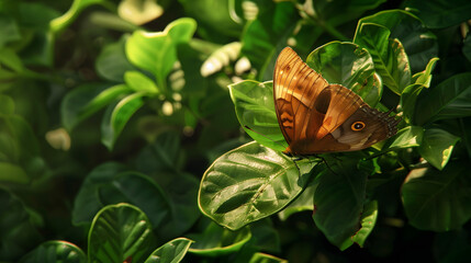 Butterfly perched on green leaf