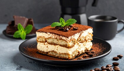 Decadent Tiramisu Dessert with Coffee Beans and Fresh Mint on a Black Plate