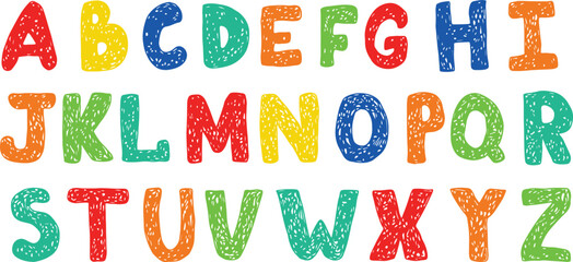 Playful children's font with hand-drawn doodles, featuring cute, handwritten alphabet and colorful brush-painted numbers. Perfect for school projects, nursery decor, and kids' designs. © Natalia Kononova