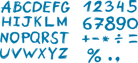 Grunge-style alphabet with blue uppercase letters, numbers, and math symbols. Textured vector font featuring hand-drawn symbols with a rough ink look.