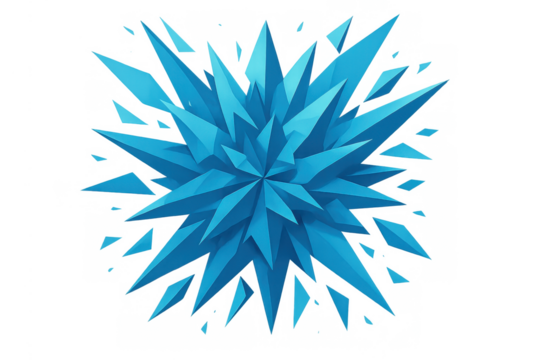 Abstract blue polygonal explosion with sharp geometric spikes and dispersing fragments, creating a dynamic visual effect
