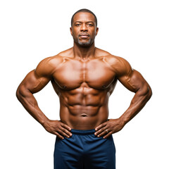 Confident and muscular middle-aged African American man posing shirtless, showcasing strong physique and abs against a transparent background.