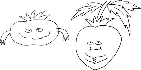 Two cheerful tomatoes with big smiles and hands, playful and charming illustration suitable for food or gardening themes. Drawn with black curved lines in grunge style